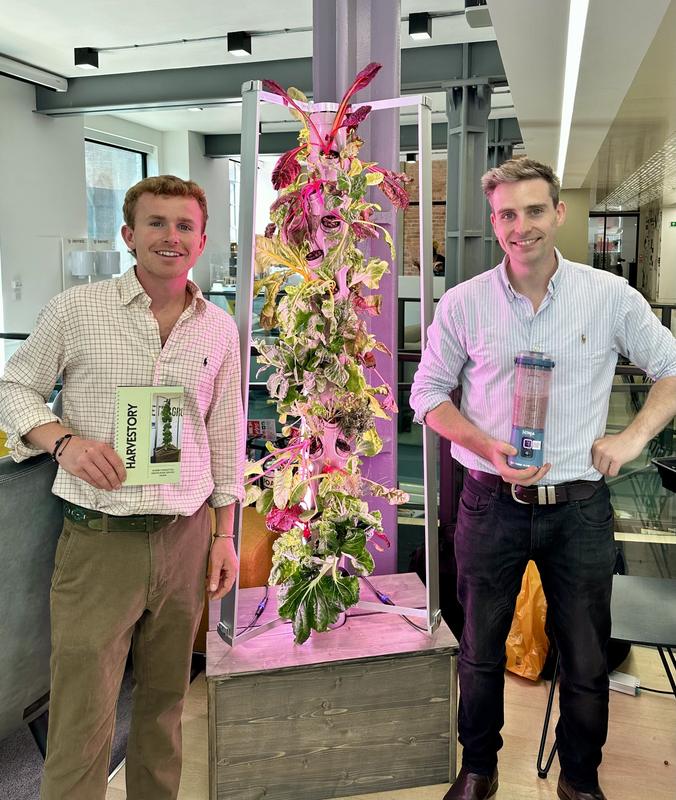 Two people beside a growing tower in an office