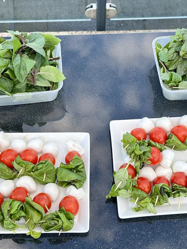 Platters of canapes garnished with fresh herbs and leaves