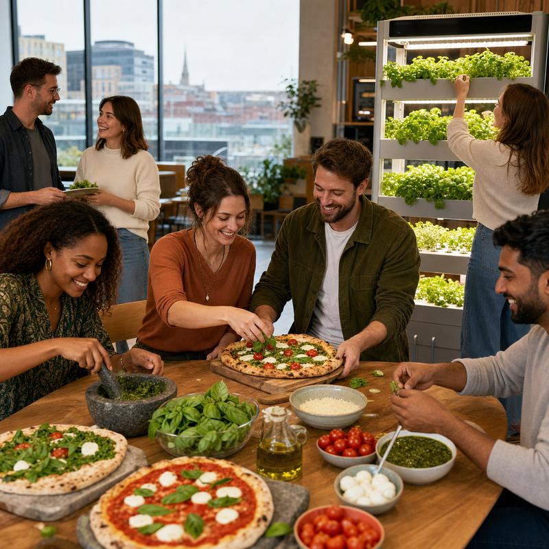 Colleagues making pesto and pizza together beside a Harvestory growing cabinet